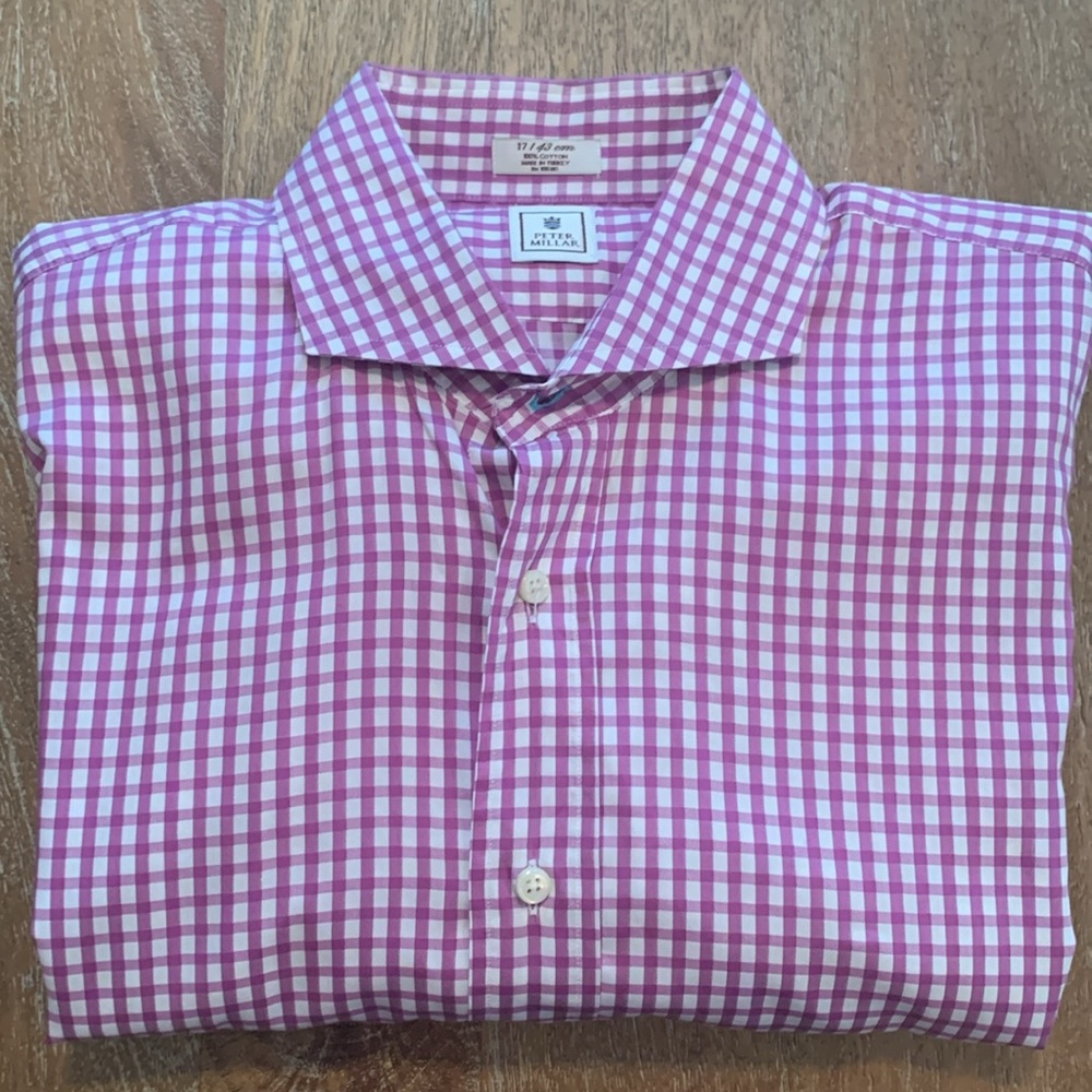 Peter Millar Size 17 Long Sleeve Button Down in Purple and White Gingham Pattern